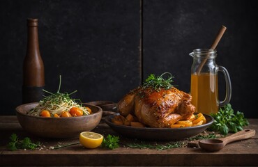 Delicious roasted chicken served with pasta and vegetables on a table