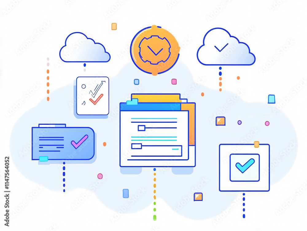 Poster visual elements demonstrate a cloud-based system for organizing documents and tasks, featuring check