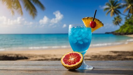 Refreshing tropical drink on a sunny beachside table