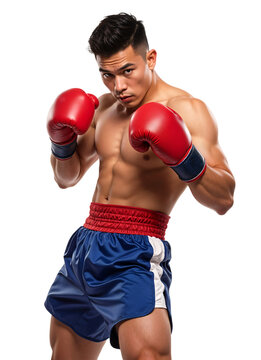 A Thai boxing fighter posing in a fighting stance, isolated background
