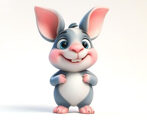 Fototapeta premium Adorable 3D cartoon bunny rabbit character with big ears, smiling, standing on white background.