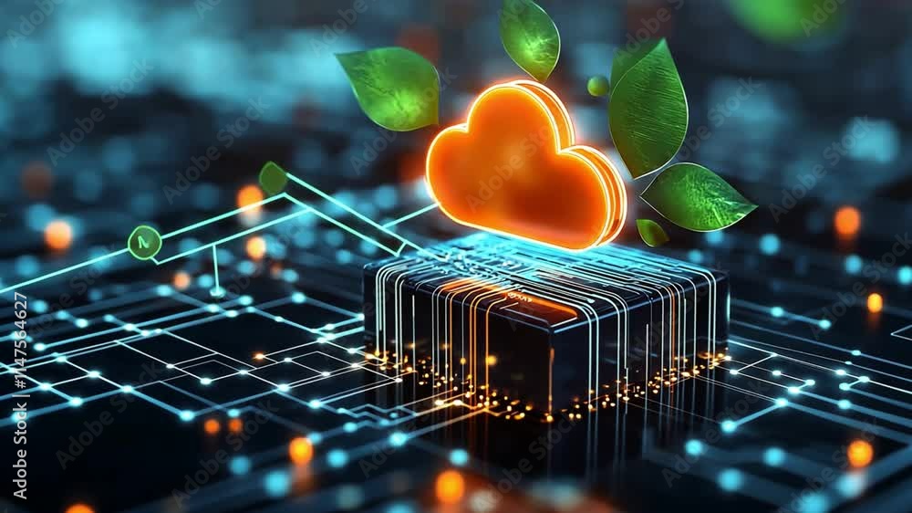 Aufkleber cloud computing concept with digital circuitry and green leaves.