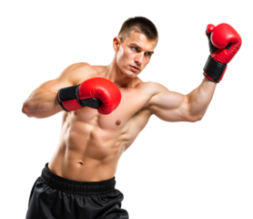 Young pro Russian boxer doing uppercut punch on isolated background