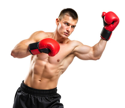 Young pro Russian boxer doing uppercut punch on isolated background