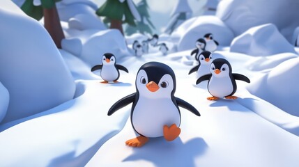 Obraz premium Playful Cartoon Penguins on a Snowy Path Through Winter Landscape