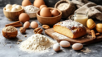 Fototapeta premium Homemade cake ingredients flour, eggs, nuts, milk, cinnamon, and a slice of cake on a rustic table.