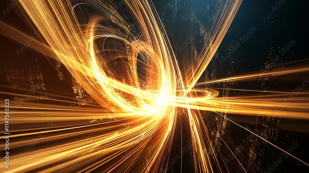 Poster dynamic swirl of golden light creates an abstract representation of energy in a dark digital environ