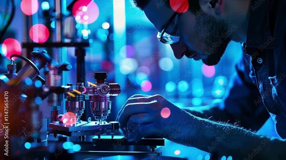 Poster one mechanic works on a device that uses quantum entanglement to communicate with other mechanics ar