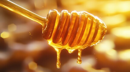 Close-up of honey dripping from a dipper against a warm background