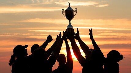 Team Victory: Silhouette of a triumphant team celebrating their win at sunset, raising a trophy high above their heads.