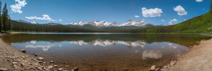 Serene mountain lake reflecting snow-capped peaks under a bright blue sky.
