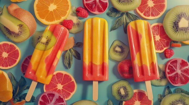 Colorful fruit popsicle on a vibrant summer-themed background