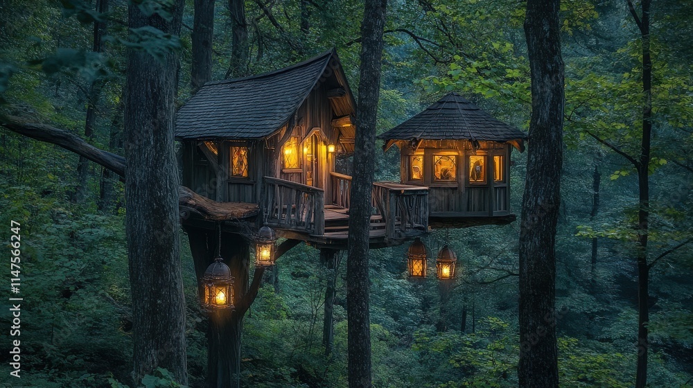 Poster enchanted treehouse with warm lights in lush forest setting