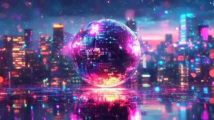 Futuristic city skyline with vibrant disco ball.
