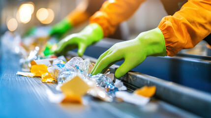 Workers sorting recyclable materials on conveyor belt in recycling plant