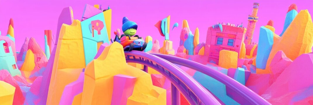 Cartoon character on a colorful rollercoaster ride through a vibrant, whimsical landscape.