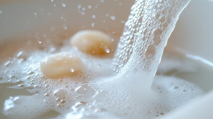 Fototapeta premium Macro shot of soap suds on a sink, water glistening as it washes away, symbolizing cleanliness and hygiene