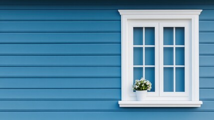 Obraz premium Charming Blue House Exterior with White Window Trim and Potted Flower on a Sunny Day