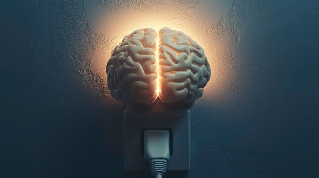 Glowing brain plugged into wall socket, representing idea, intelligence, knowledge, and power.