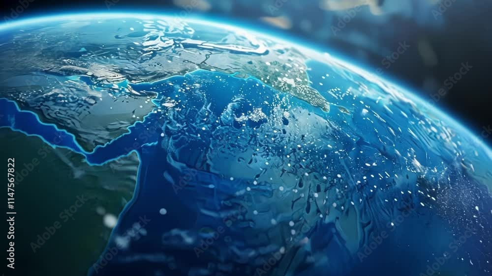 Poster planet earth is rotating, showing big data connections and information flow as shining particles ove
