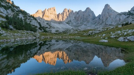 Majestic mountain range reflected in a serene alpine lake at sunrise.
