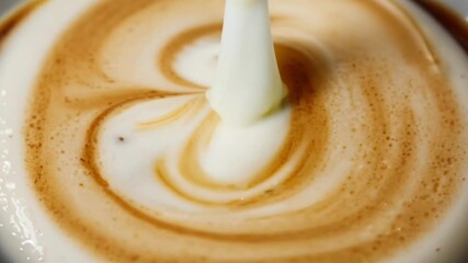 Close-up of milk being poured into coffee creating mesmerizing latte art with swirling patterns and creamy texture. 4K video