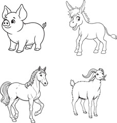 Goat, Pig, Horse, Donkey line art on white backgroun
