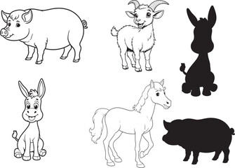 Goat, Pig, Horse, Donkey line art on white backgroun