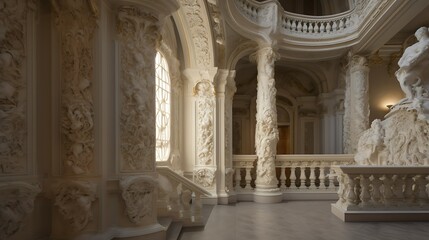 Obraz premium Ornate white stone staircase and balustrade in grand building interior.
