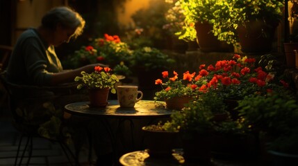 Elderly woman tending plants in a sunlit garden, enjoying a warm drink.