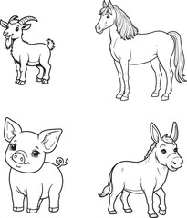 Goat, Pig, Horse, Donkey line art on white backgroun