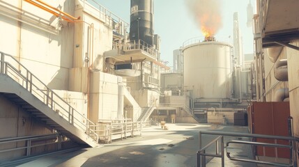 Industrial complex with burning flare stack, worker, and stairs.