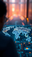 Illustration of the global cooperation required to combat cybercrime, blurry foreground, with white tones