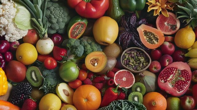 Wide variety of fresh fruits and vegetables are laying on a surface, creating a colorful and healthy eating background