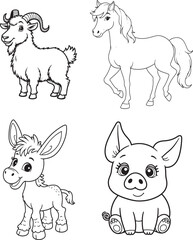 Goat, Pig, Horse, Donkey line art on white backgroun