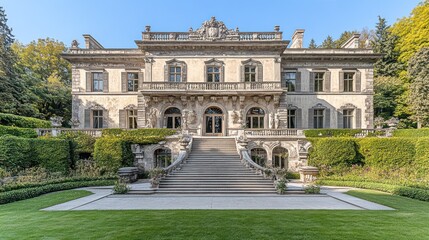 Obraz premium Grand stone mansion with expansive staircase, lush gardens, and ornate detailing.