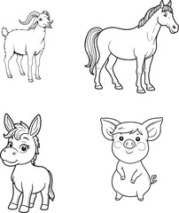 Goat, Pig, Horse, Donkey line art on white backgroun