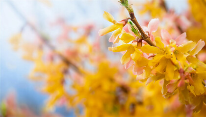 Obraz premium 맑은 푸른 하늘을 배경으로 봄에 피어나는 활기찬 개나리꽃을 클로즈업 촬영한 사진입니다. 