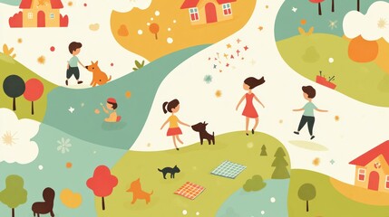 Naklejka premium Children playing with dogs in a whimsical autumnal park landscape.