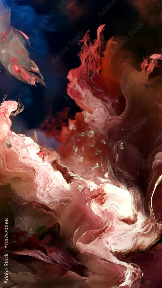 Poster abstract composition of swirling red and white colors blending in dynamic motion resembling fluid ar