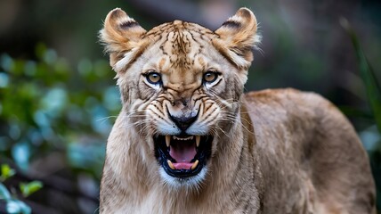 Obraz premium Aggressive Lioness Roaring in the Wild