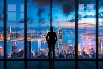 Fototapeta premium Business professional contemplates ambition amidst urban skyline, capturing city life essence
