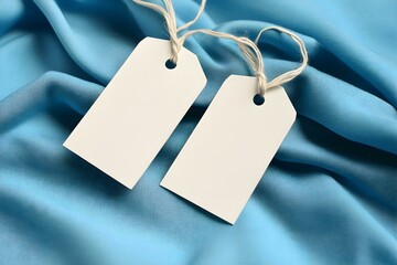 Blank White Tags on Light Blue Fabric Background for Clean and Elegant Labeling