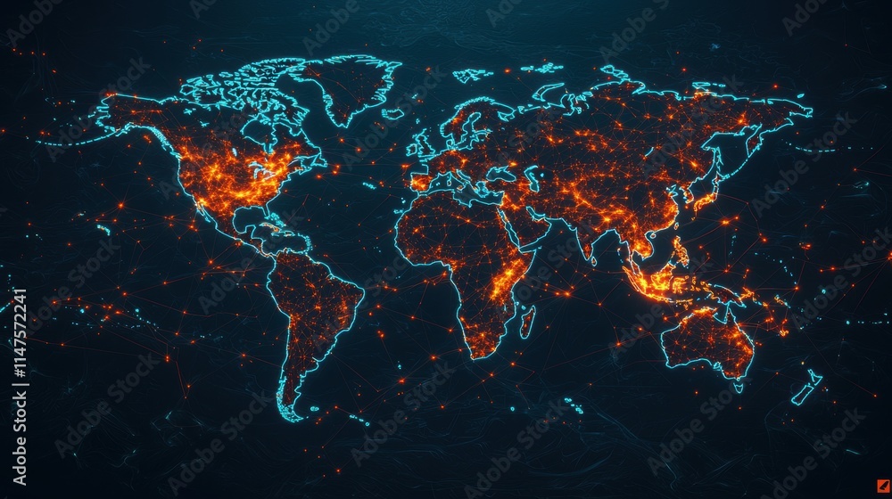 Poster global map with neon lights and data visualization elements
