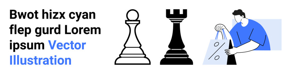 Chess pieces pawn, rook representing strategy next to a person in blue holding shopping bags. Ideal for business strategy, decision making, planning, retail, shopping concepts, strategy sessions