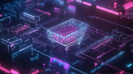 Neon shopping cart on digital circuit board.
