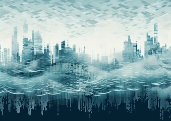 Fototapeta premium Abstract Cityscape in Blue Hues with Overlapping Forms and Digital Matrix Effect