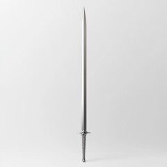 Full View of A Long Sharp Steel Sword With Silver Metallic Sheen Isolated on Plain White B