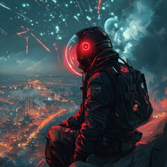 Astronaut overlooking futuristic city at night, meteor shower.