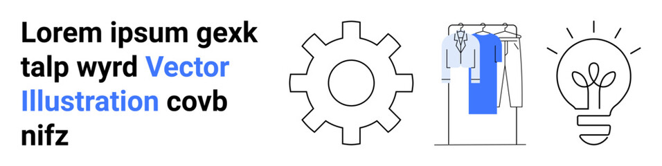 Gear icon, clothing rack with hanging garments, and light bulb icon with text. Ideal for creativity, innovation, fashion design, brainstorming, engineering conceptual thinking marketing. Landing